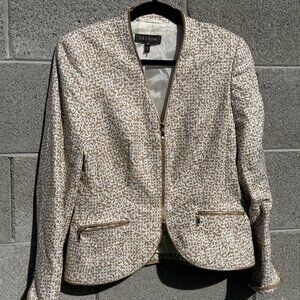 Escada Beige and White Blazer with Gold Zipper Accents